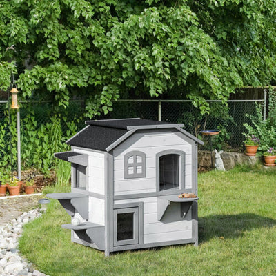 Wooden 2-Story Indoor or Outdoor Cat House W/ Escape Door, Cat Shelter, White 196393161340
