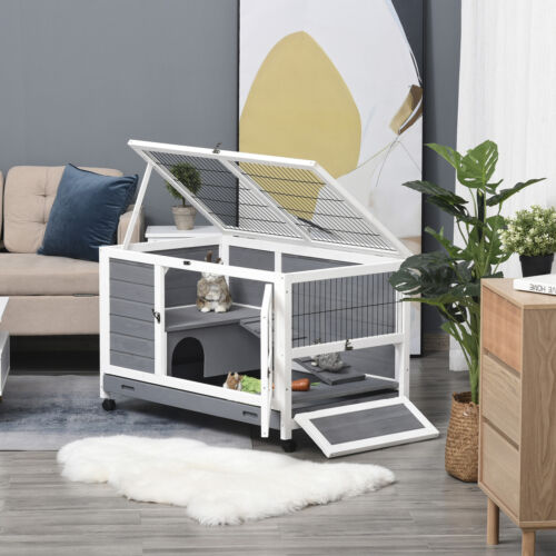 Wooden Rabbit Hutch Elevated Pet Bunny House with Slide-Out Tray Indoor Grey