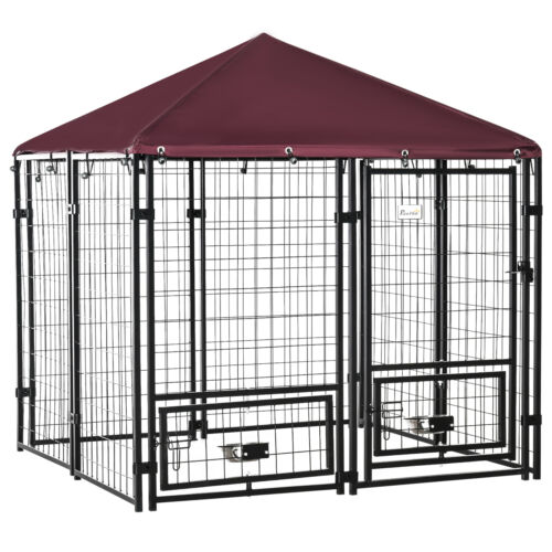 4.6&apos; x4.6&apos; x5&apos; Indoor/Outdoor Metal Dog Kennel House w/ 2 Food Bowls &amp; Lock 196393159187