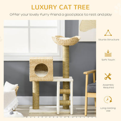 39.5&quot; Cat Tree Tower Cattail Weave W/ Cat Condo, Bed, Ladder, Washable Cushions