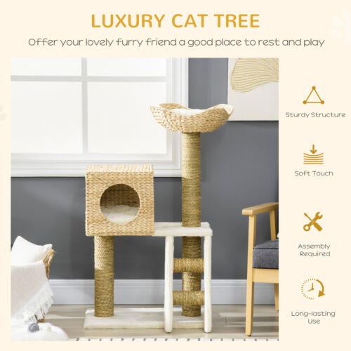 39.5&quot; Cat Tree Tower Cattail Weave W/ Cat Condo, Bed, Ladder, Washable Cushions