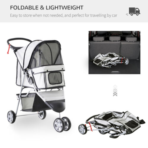 3 Wheels Pet Stroller Folding Dog Carrying Cart w/ Brake Canopy Travel
