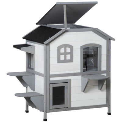 Wooden 2-Story Indoor or Outdoor Cat House W/ Escape Door, Cat Shelter, White 196393161340