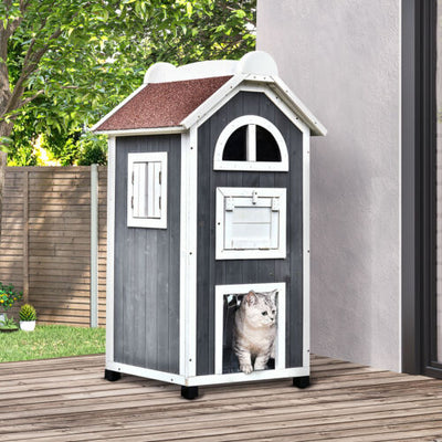 Solid Wood Cat Condo Furniture 2-Floor Pet Shelter, Grey and White, 43&quot; H 842525144469