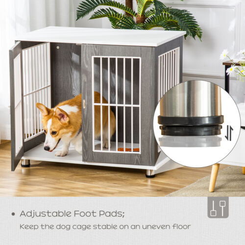 Wooden Dog Cage Furniture Style Pet Kennel Crate w/ Adjustable Foot Pads, Grey 196393066560