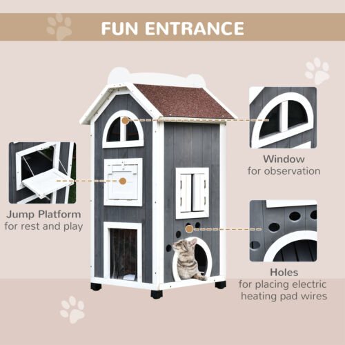 Solid Wood Cat Condo Furniture 2-Floor Pet Shelter, Grey and White, 43&quot; H 842525144469