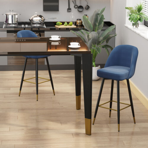 Set of 2 Upholstered Barstools Fabric Bar Chairs with Gold-Capped Steel Legs