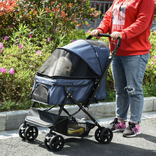 Pet Stroller Foldable Travel Dog Cat Carriage w/ Reversible Handle Brake Basket