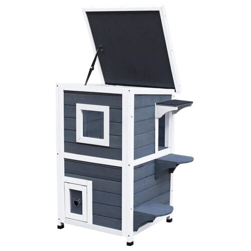 Outdoor Solid Wood 2-Floor Cat Condo Pet House Kitten Shelter with Window - Gray 842525142892