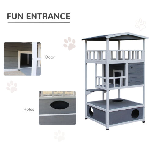 Feral Cat House, Kitten Condo Shelter w/ Raised Base &amp; Asphalt Roof, Grey 842525142885