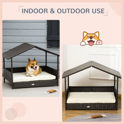 Elevated Wicker Dog House, Raised Rattan Pet Bed Cabana w/ Cushion, Canopy White 842525148276