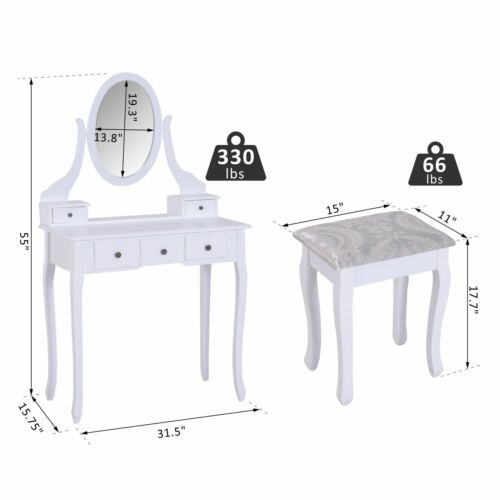2-PC Dressing Table Set Vanity Makeup Desk Mirror Stool 5 Drawers Bedroom White