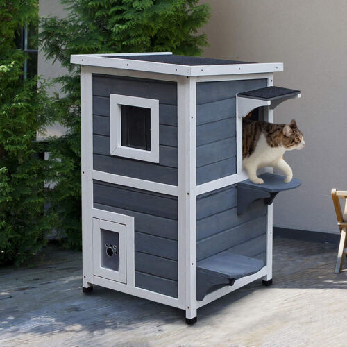 Outdoor Solid Wood 2-Floor Cat Condo Pet House Kitten Shelter with Window - Gray 842525142892