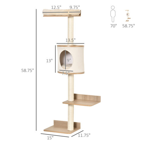 4-Level Wall Mounted Cat Tree Activity Play Center w/ Condo Bed Scratching Posts 196393066645