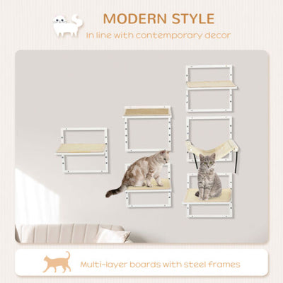 6PCs Modern Steel Cat Wall Shelves with Jumping Platform and Hammock, Cream