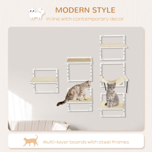 6PCs Modern Steel Cat Wall Shelves with Jumping Platform and Hammock, Cream