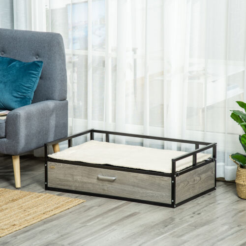 Elevated Dog Bed, Medium-size Pet Sofa Furniture w/ Drawer, Soft Cushion, Grey 196393066607