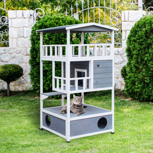 Feral Cat House, Kitten Condo Shelter w/ Raised Base &amp; Asphalt Roof, Grey 842525142885