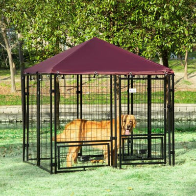 4.6&apos; x4.6&apos; x5&apos; Indoor/Outdoor Metal Dog Kennel House w/ 2 Food Bowls &amp; Lock 196393159187