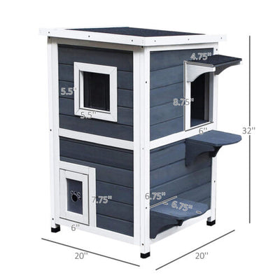 Outdoor Solid Wood 2-Floor Cat Condo Pet House Kitten Shelter with Window - Gray 842525142892