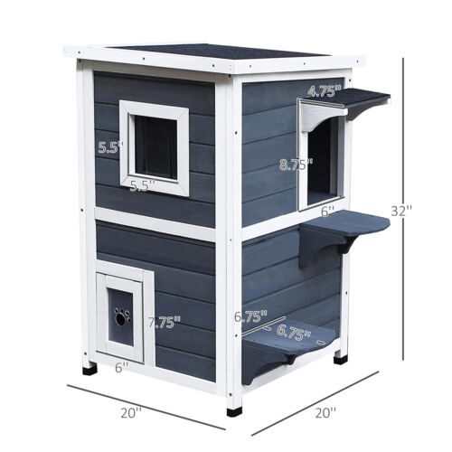 Outdoor Solid Wood 2-Floor Cat Condo Pet House Kitten Shelter with Window - Gray 842525142892