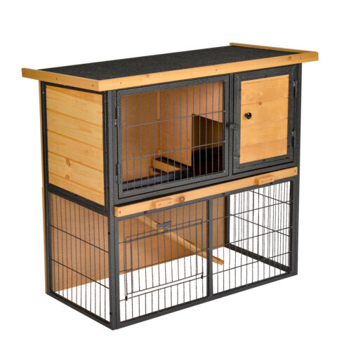 Outdoor Rabbit Cage Elevated Pet House w/ Slide-Out Tray, Natural Wood &amp; Black 842525165488