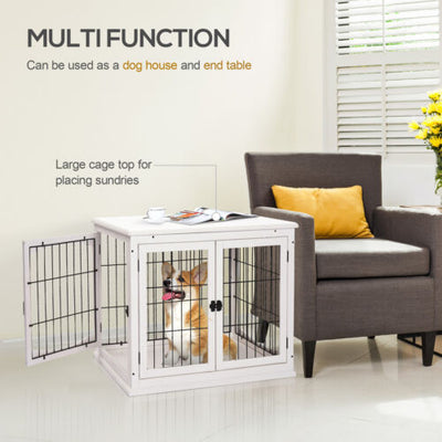 26&apos;&apos; Wooden Dog Cage Pet Crate Tabletop Metal Wire Small Animal, White