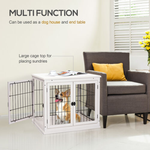 26&apos;&apos; Wooden Dog Cage Pet Crate Tabletop Metal Wire Small Animal, White