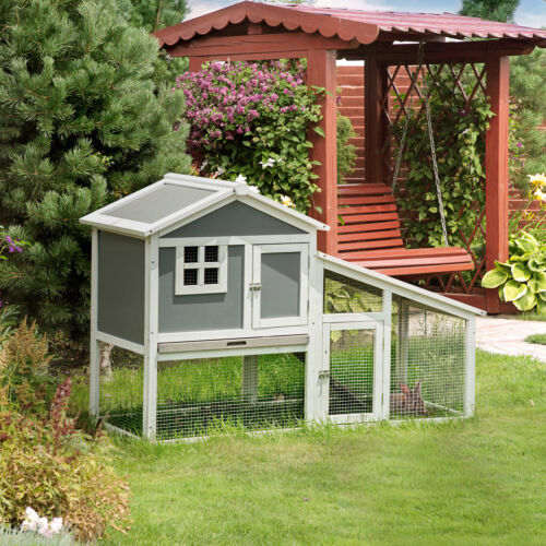 59&quot; Wooden Rabbit Hutch Playpen Bunny House with Sunlight Roof Ramp Tray Grey