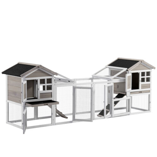 102&quot; 2-in-1 Wooden Rabbit Hutch, Double Main House Pet Playpen w/Tray Ramp Grey 196393159293