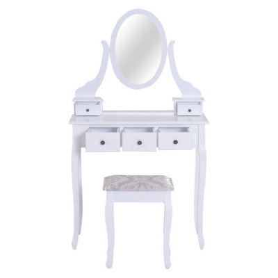 2-PC Dressing Table Set Vanity Makeup Desk Mirror Stool 5 Drawers Bedroom White