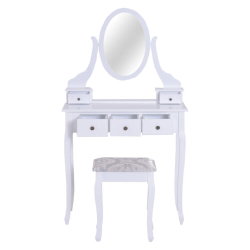 2-PC Dressing Table Set Vanity Makeup Desk Mirror Stool 5 Drawers Bedroom White