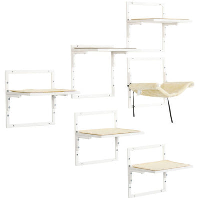 6PCs Modern Steel Cat Wall Shelves with Jumping Platform and Hammock, Cream