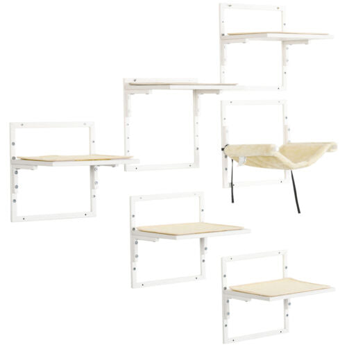 6PCs Modern Steel Cat Wall Shelves with Jumping Platform and Hammock, Cream