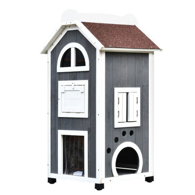 Solid Wood Cat Condo Furniture 2-Floor Pet Shelter, Grey and White, 43&quot; H 842525144469