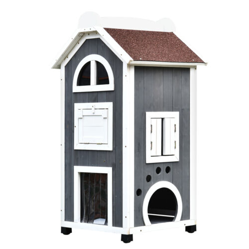 Solid Wood Cat Condo Furniture 2-Floor Pet Shelter, Grey and White, 43&quot; H 842525144469